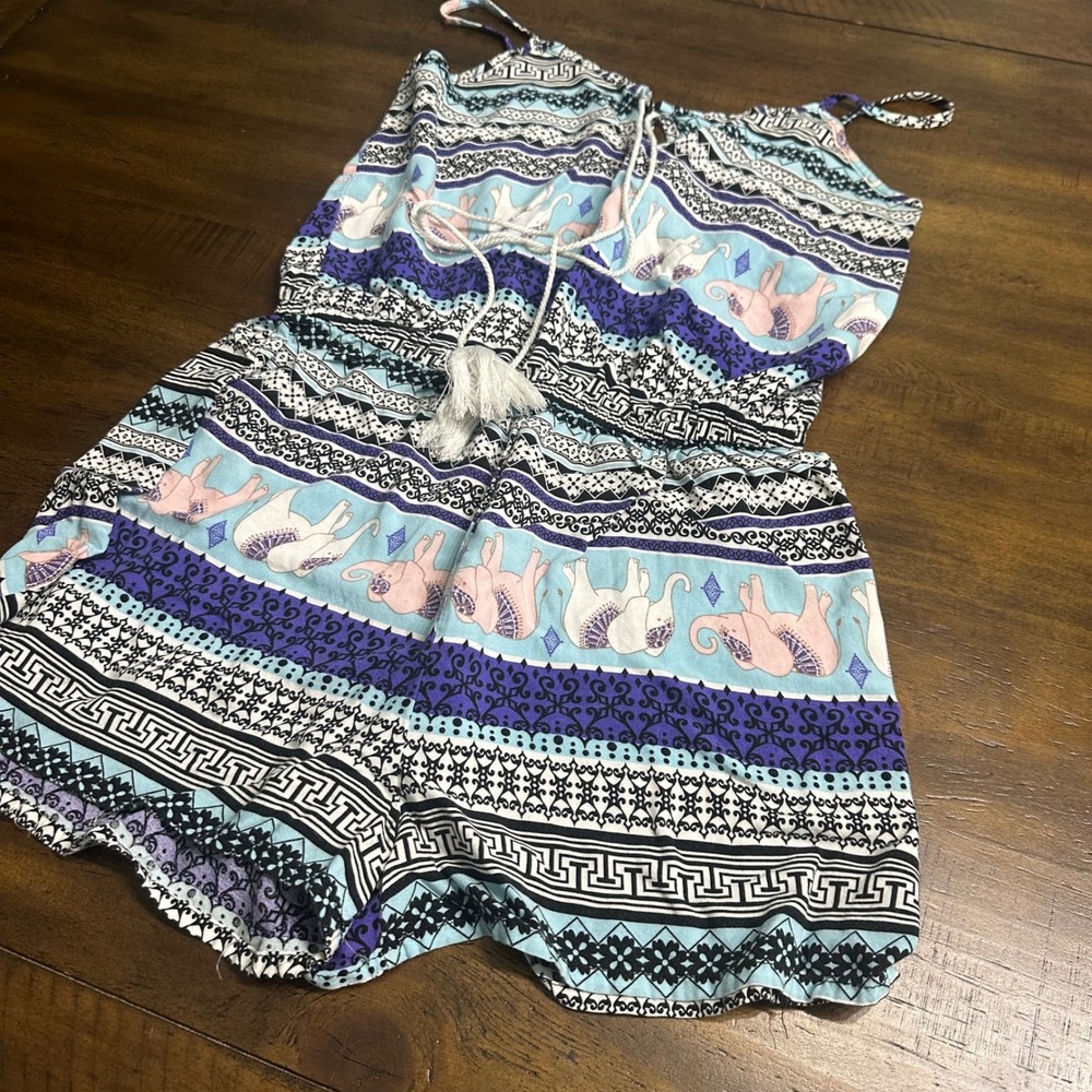 Rue21 Womens Blue Purple Elephant Print Boho Tassel Tie Romper Medium - Picture 2 of 7